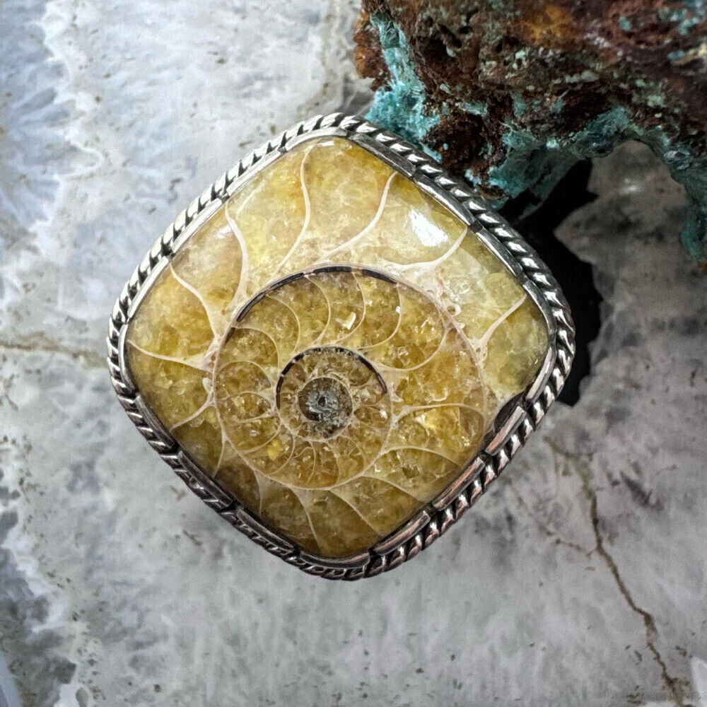 Sterling Silver Southwestern Style Square Ammonite Decorated Ring Sz 9 For Women